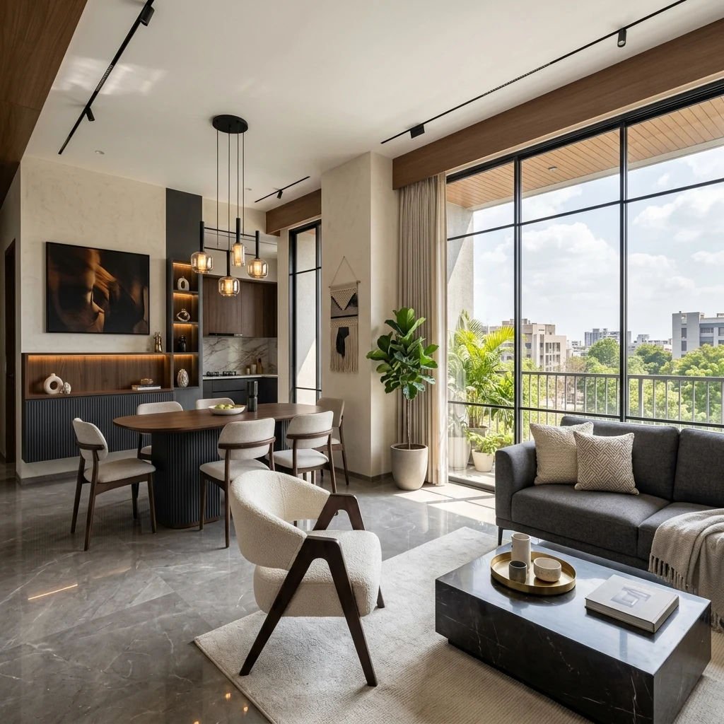 Contemporary 2BHK interior design in Ahmedabad — open-plan living and dining area