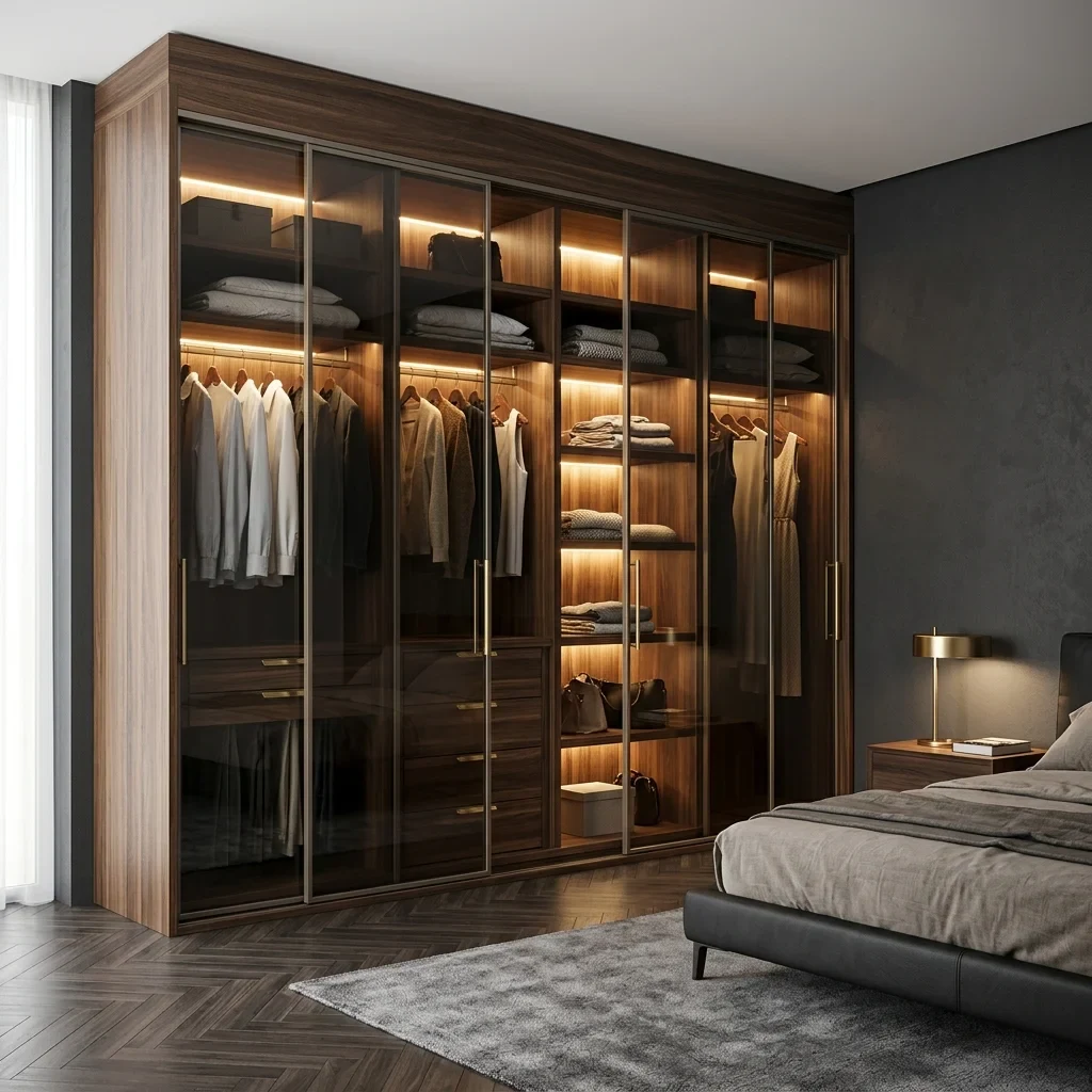 Spacious 3BHK master bedroom design in Ahmedabad with walnut panel and wardrobe suite