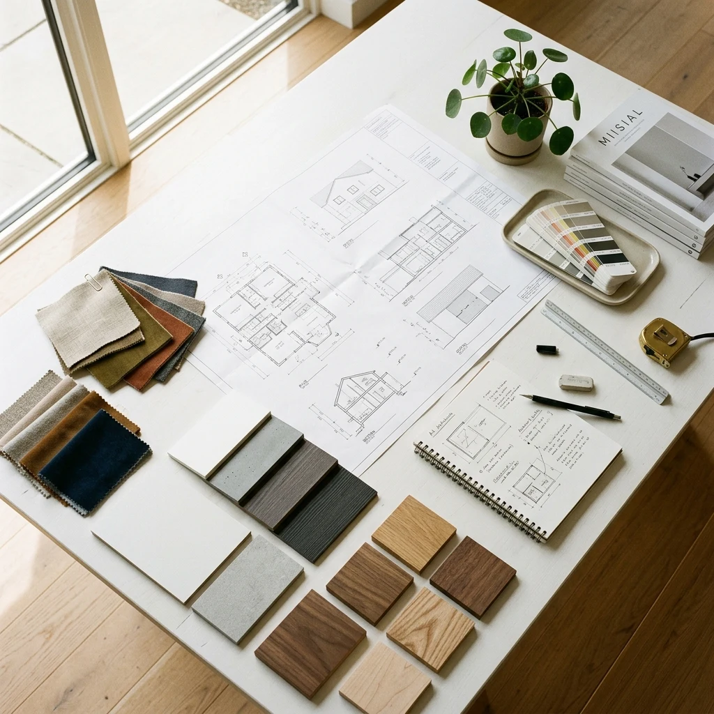 Interior design planning process — material samples and architectural drawings for home renovation