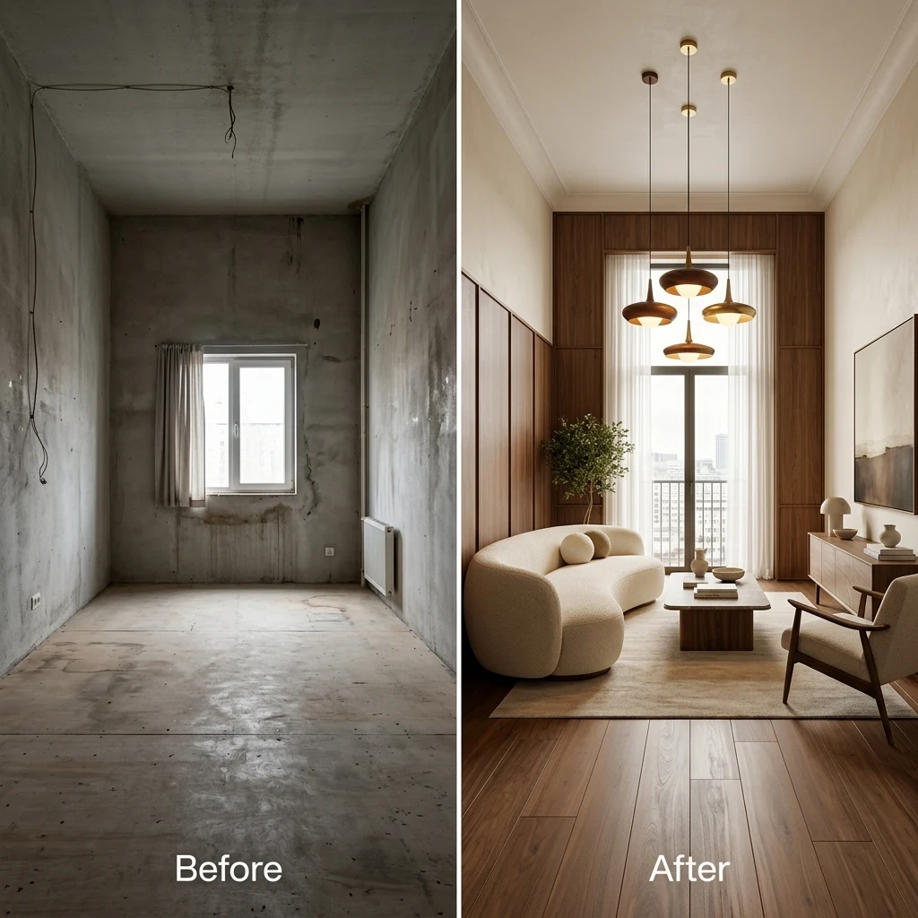 Interior design transformation — before and after comparison in an Ahmedabad home