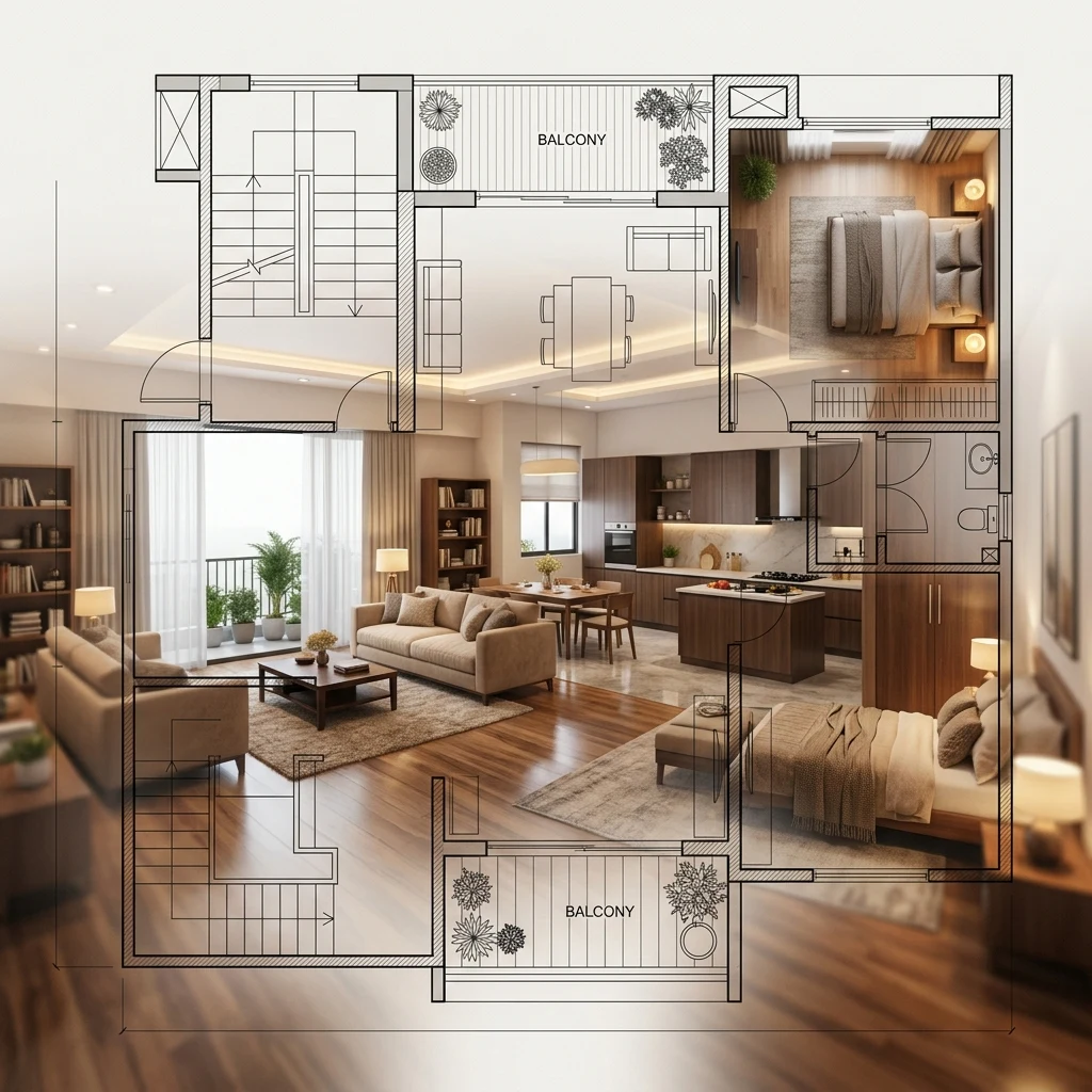 Professional space planning layout for an Ahmedabad home interior