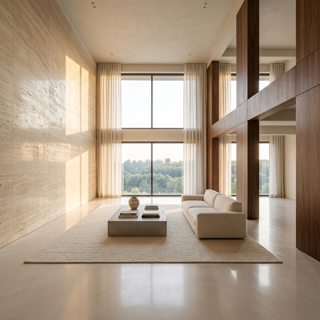 Finished luxury residential living room with travertine and walnut