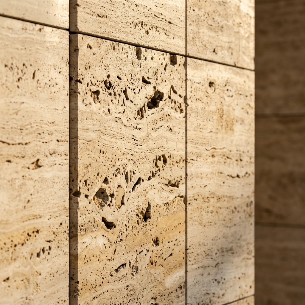 Close-up detail of travertine stone catching golden hour light