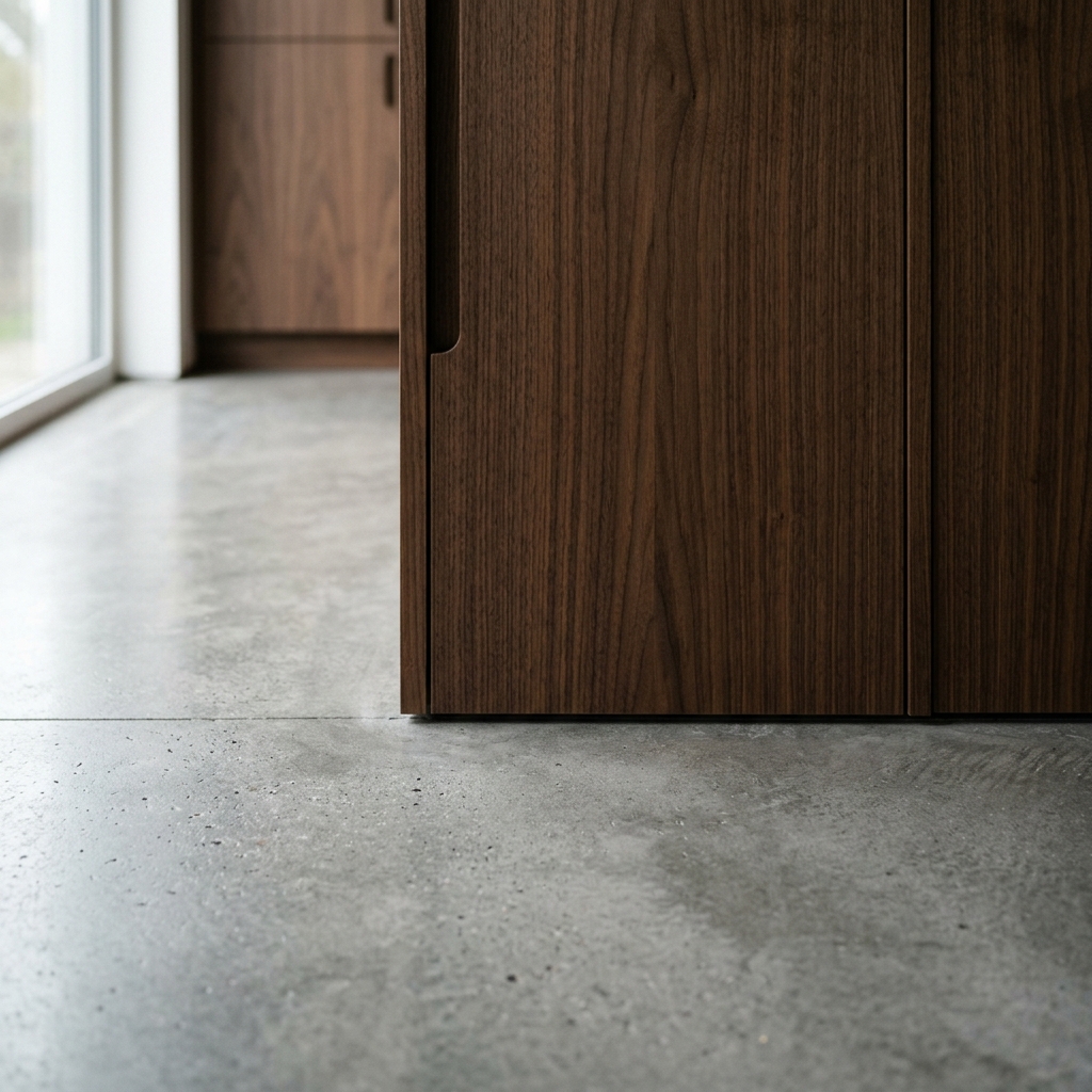 Seamless custom walnut cabinetry meeting concrete floor