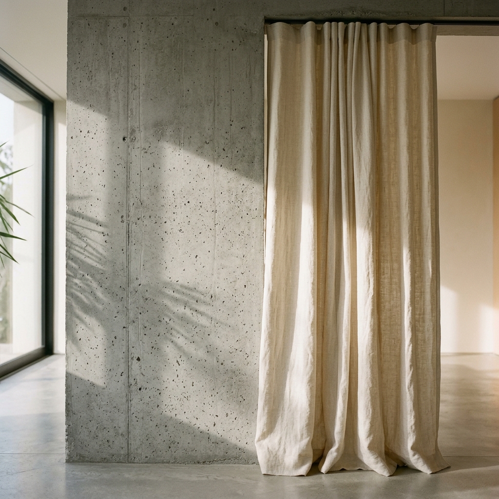Raw concrete wall contrasted with soft linen drapery